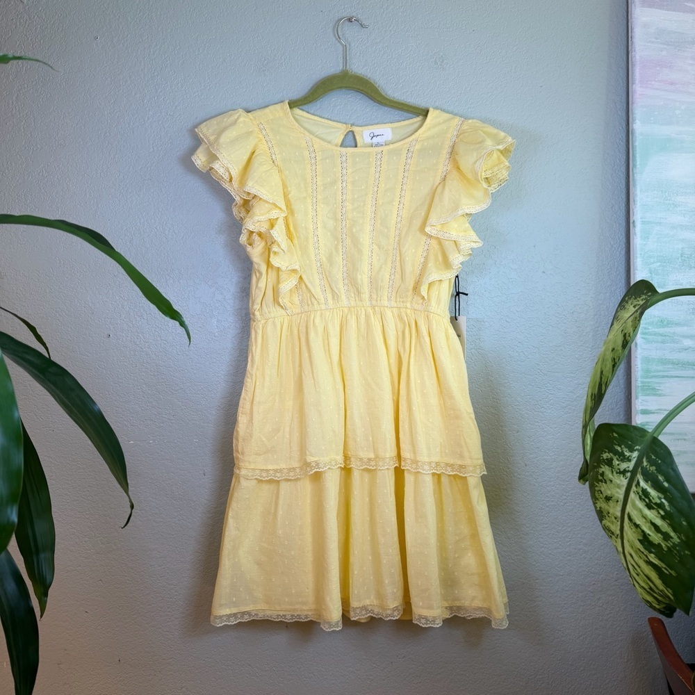 Japna Butter Yellow Swiss Dot Ruffled Cap Sleeve Lace Trim Tiered Mini Dress L